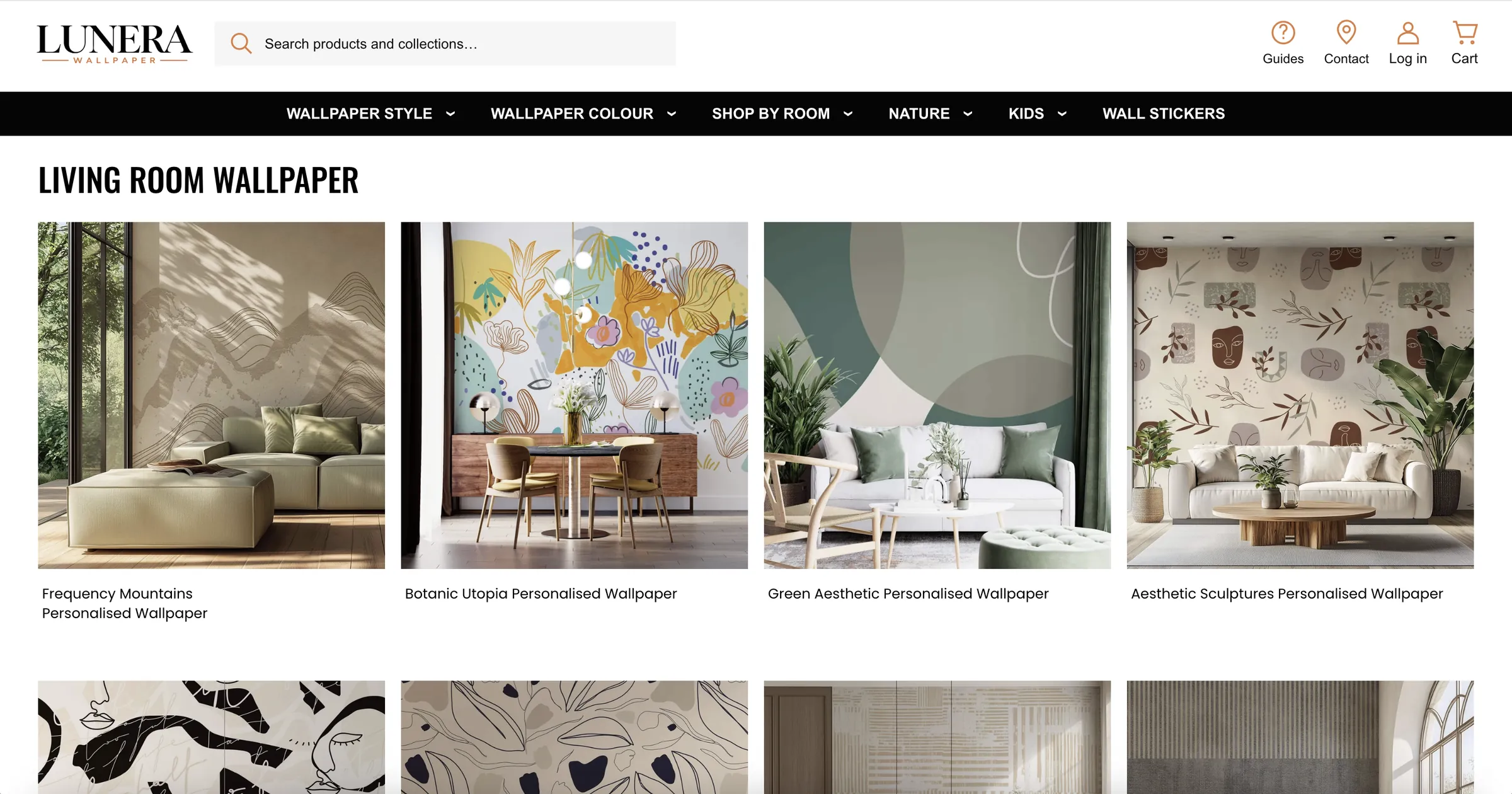 Lunera Wallpaper — Living room wallpaper collection page with a four-column product grid.