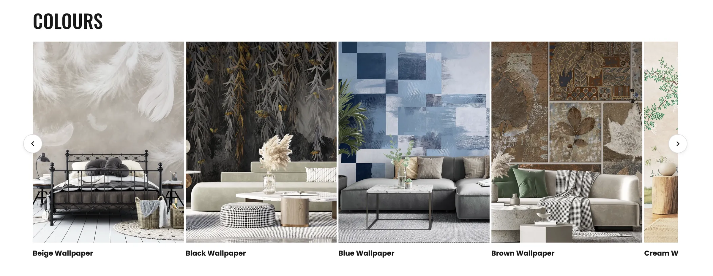 Lunera Wallpaper — A colour carousel with beige, black, blue, brown and cream wallpaper collections.