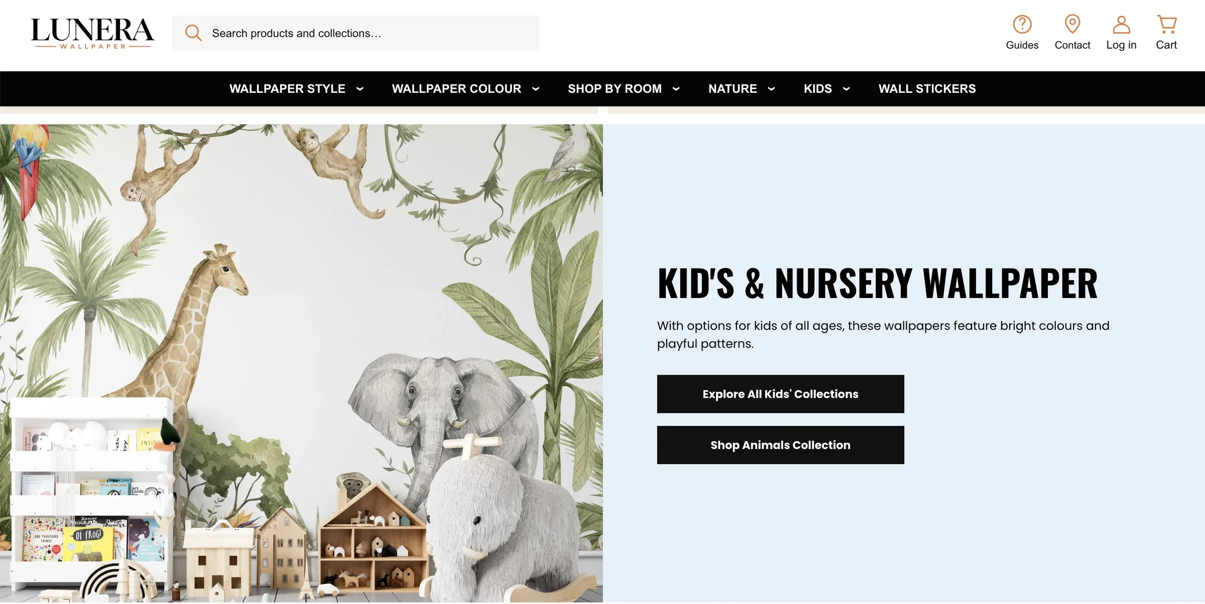 Lunera Wallpaper — The homepage with the kids’ and nursery wallpaper feature and the main navigation.