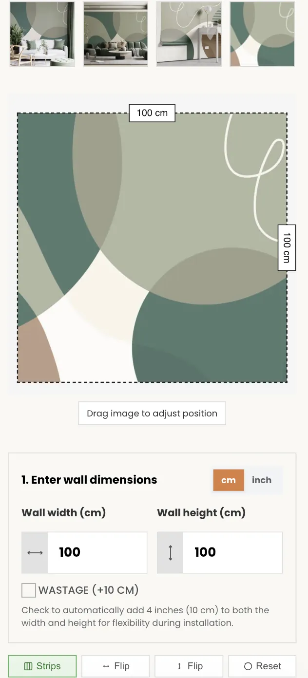 Lunera Wallpaper — The custom calculator on mobile, with wall width and height in cm or inches, an optional wastage allowance and a live artwork preview.