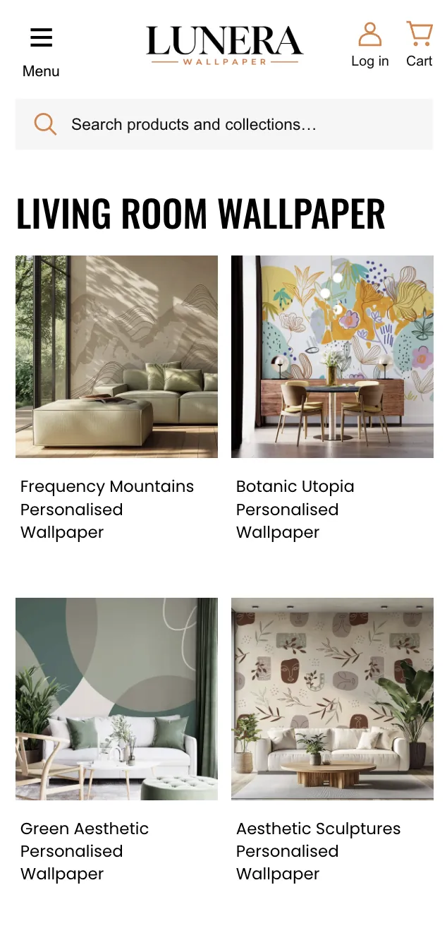Lunera Wallpaper — Mobile living room wallpaper collection in a two-column grid.