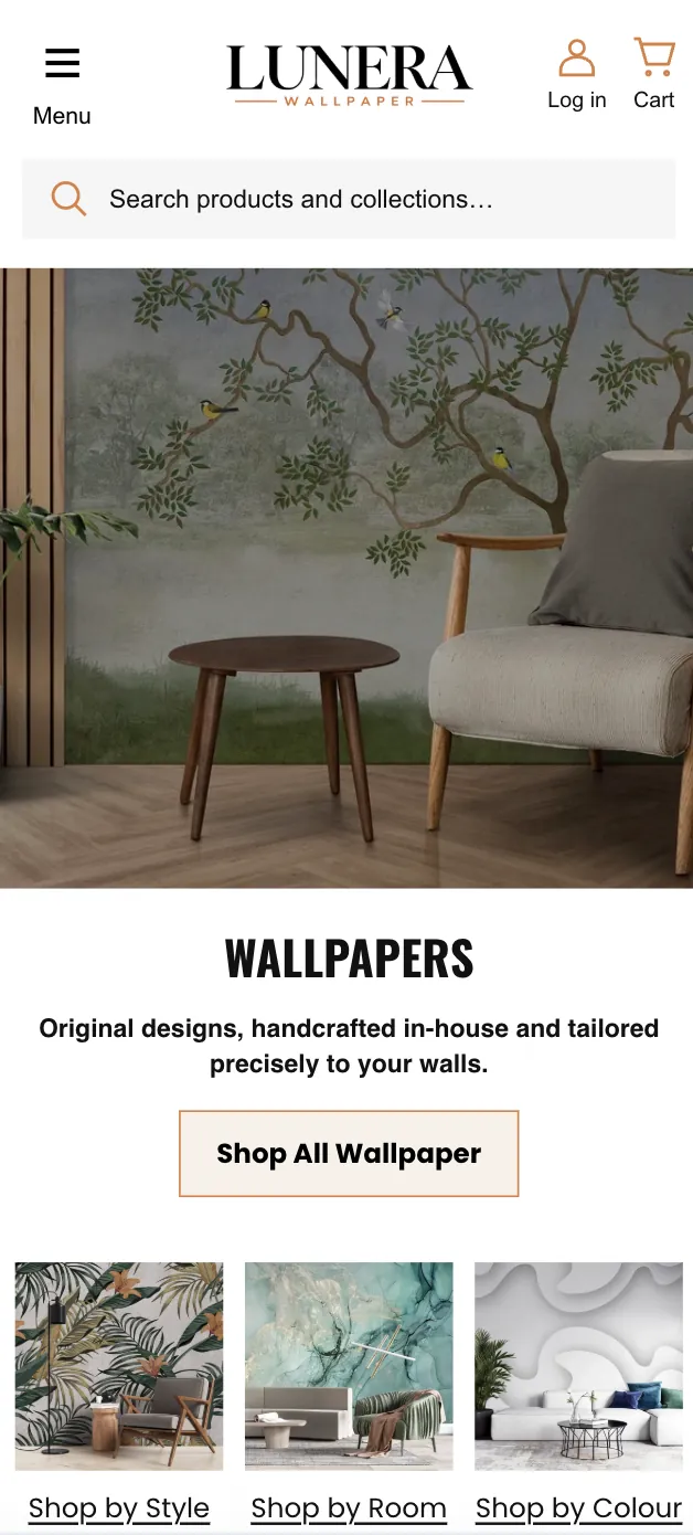 Lunera Wallpaper — Mobile homepage with search, a hero image and shop by style, room and colour links.