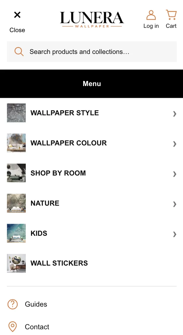 Lunera Wallpaper — Mobile navigation menu with style, colour, room, nature, kids and wall stickers.