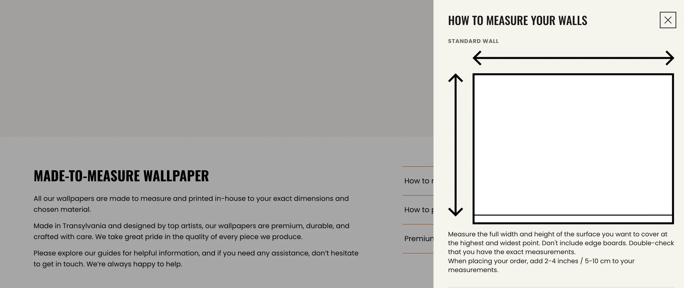 Lunera Wallpaper — The made-to-measure wallpaper section with a How to measure your walls guide open in a side panel.