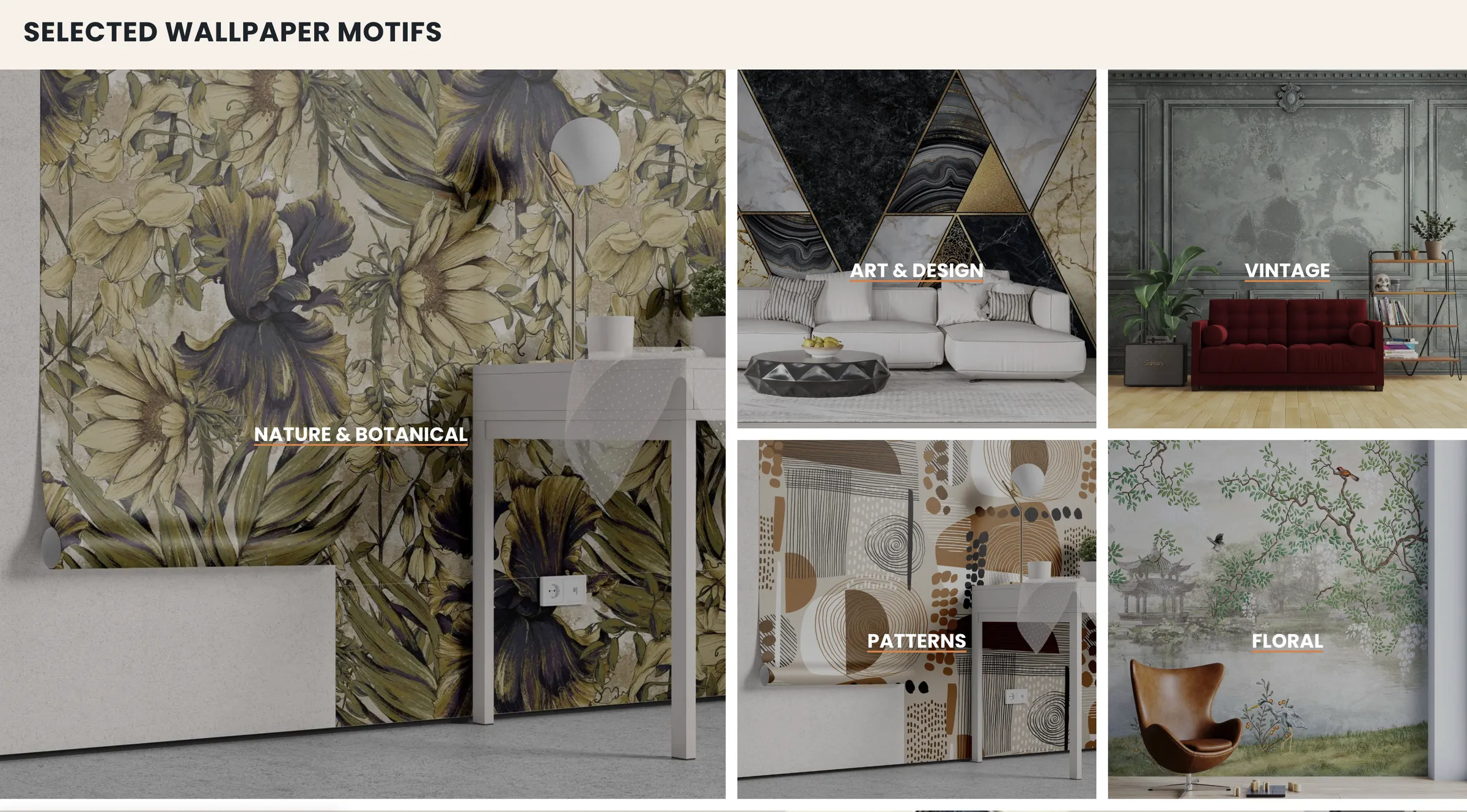 Lunera Wallpaper — Selected wallpaper motifs: nature and botanical, art and design, vintage, patterns and floral.