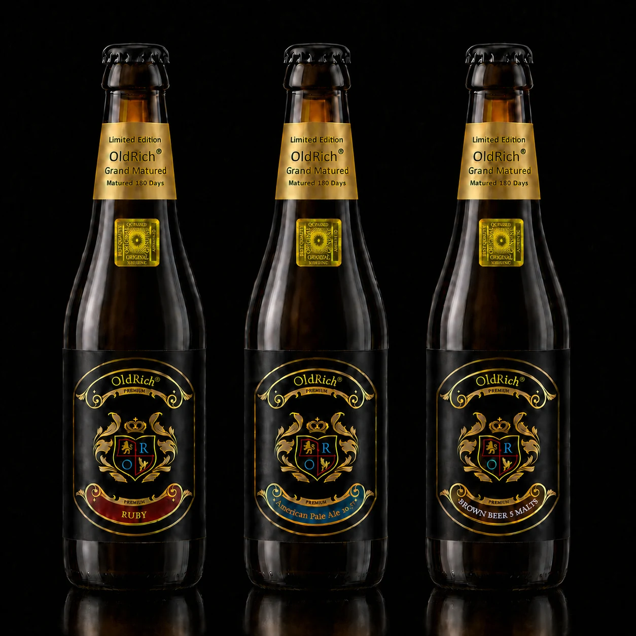 Three OldRich Grand Matured beer bottles with black and gold labels