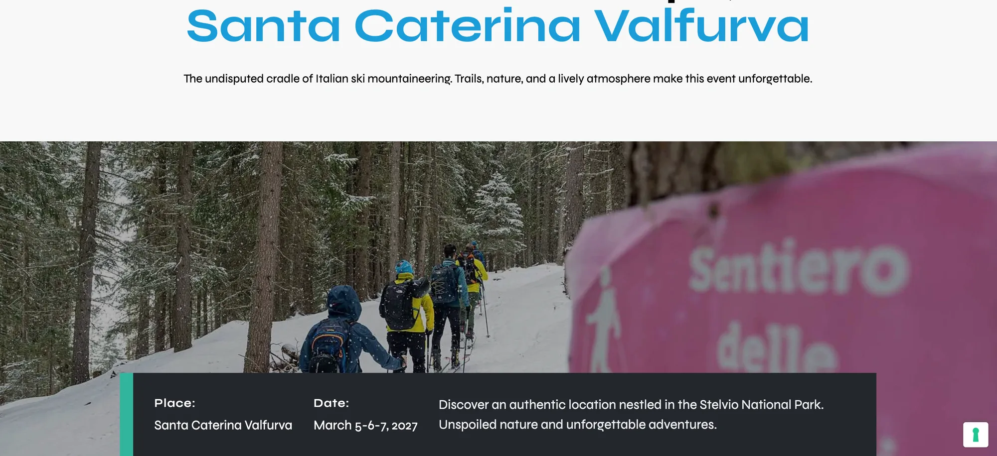 Skimo Festival — Festival website introducing Santa Caterina Valfurva and the Alpine setting.