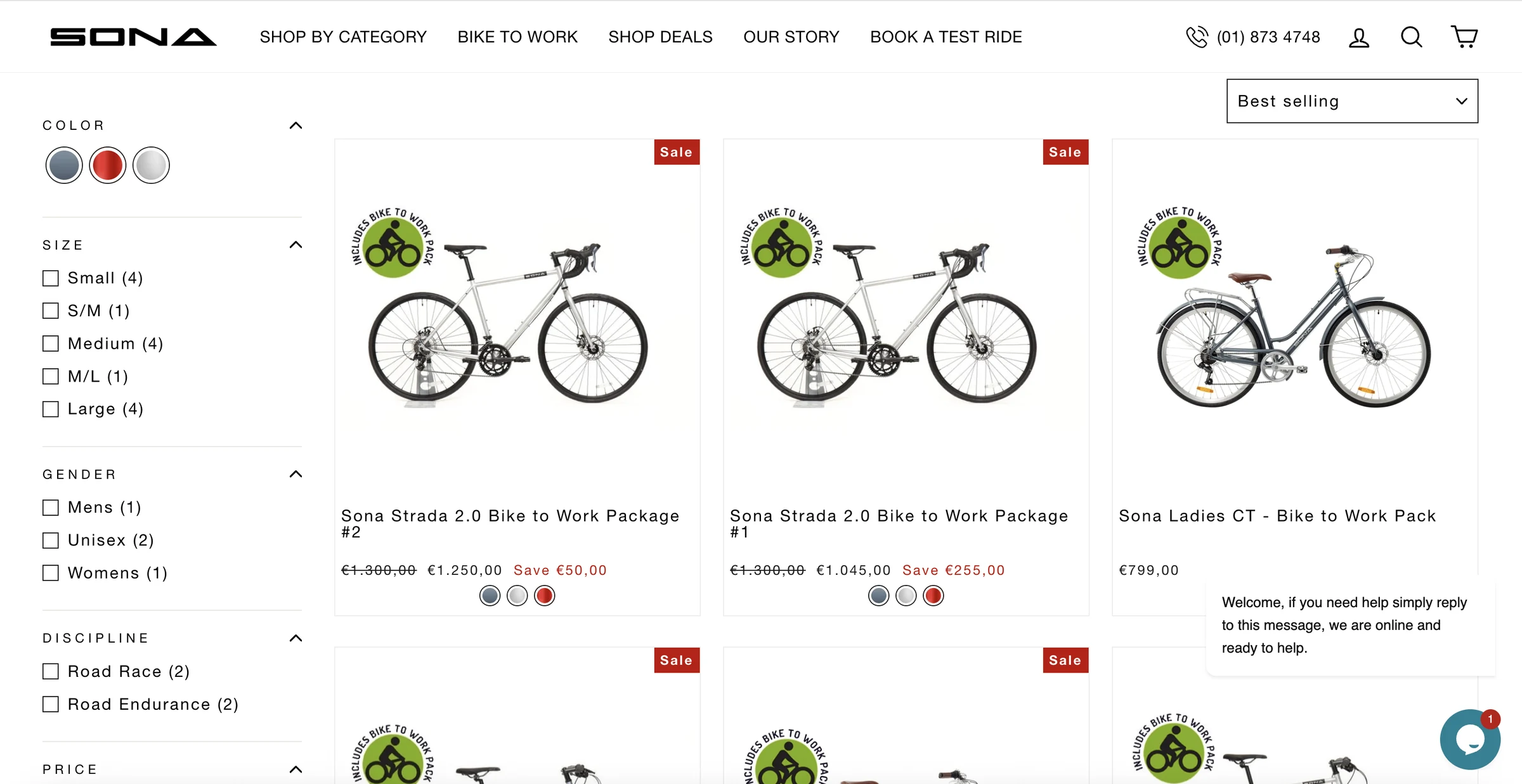 Sona Bikes — Package browsing with filters for size, discipline and price.