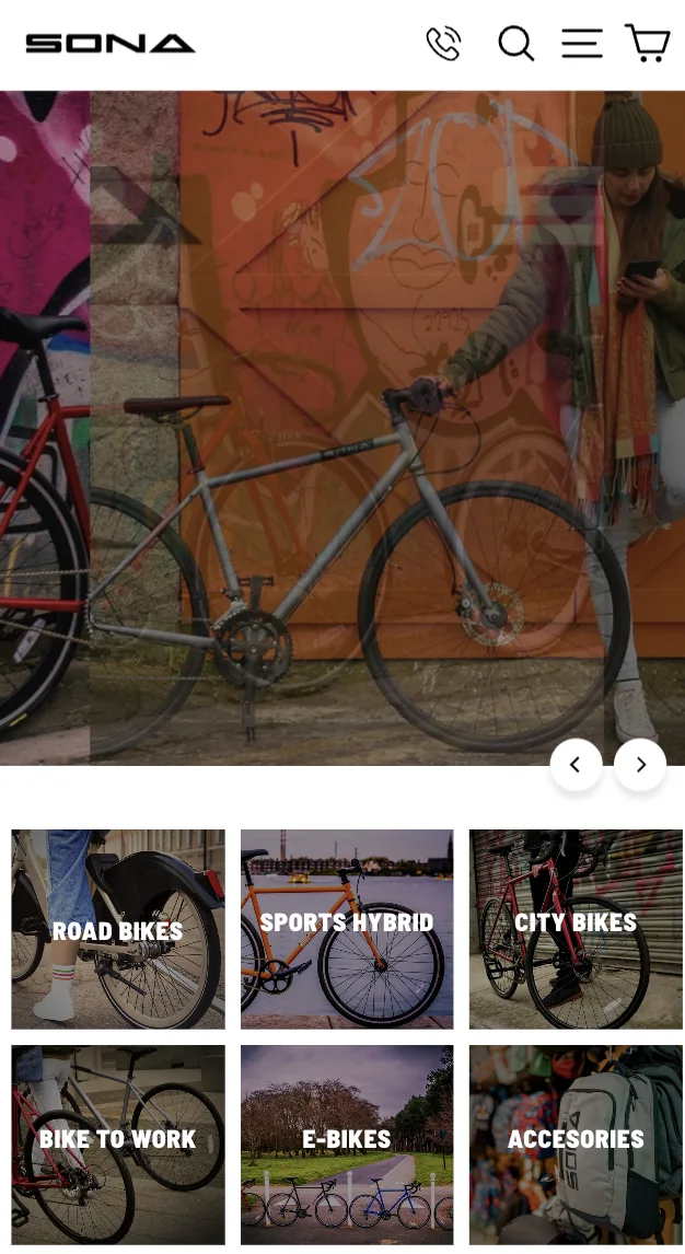 Sona — Mobile homepage and bike categories