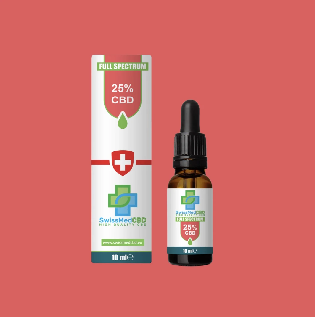 SwissMedCBD 25% bottle and packaging against a coral background.
