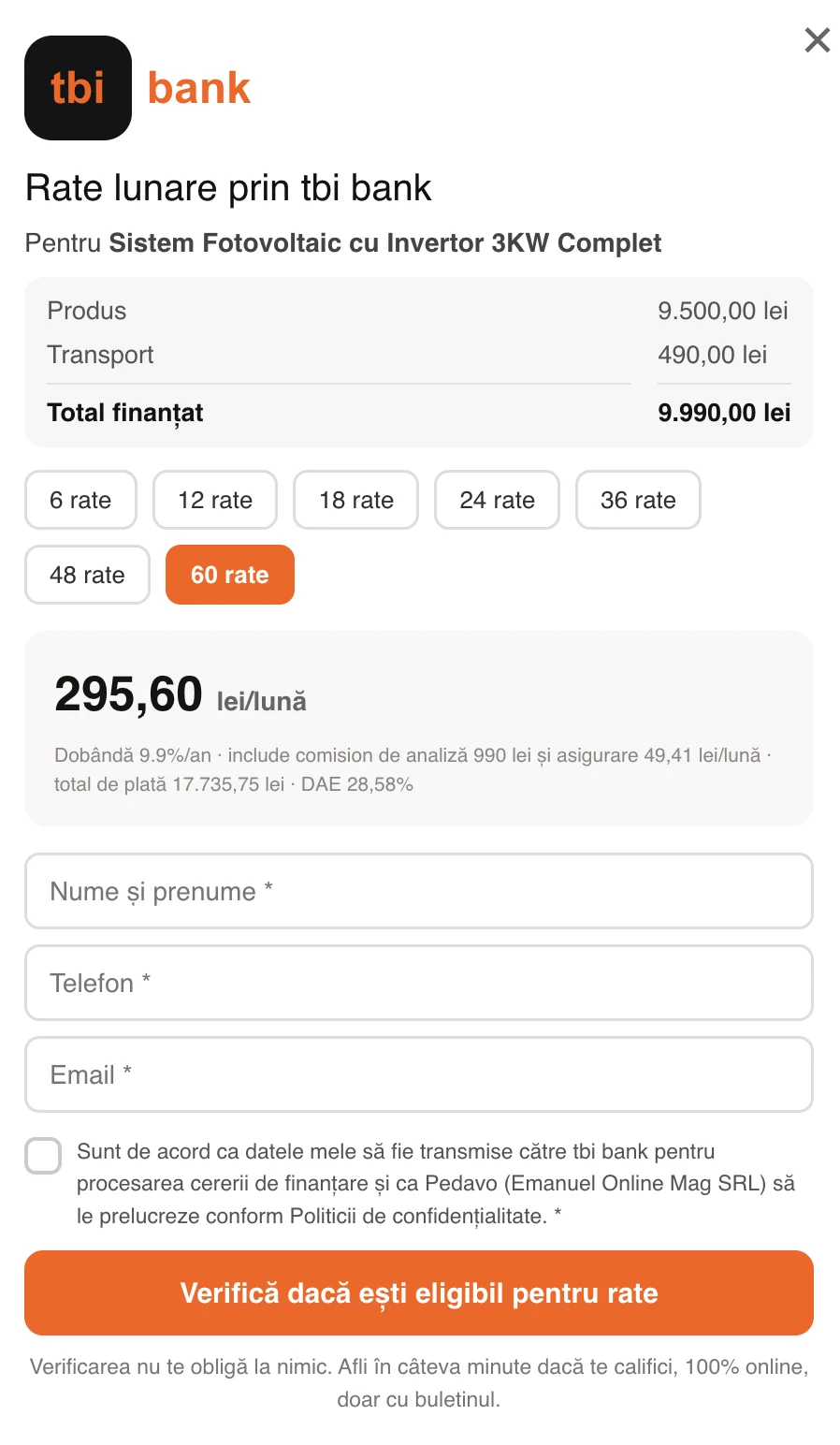 Product page lead generation — application form and instalment calculator