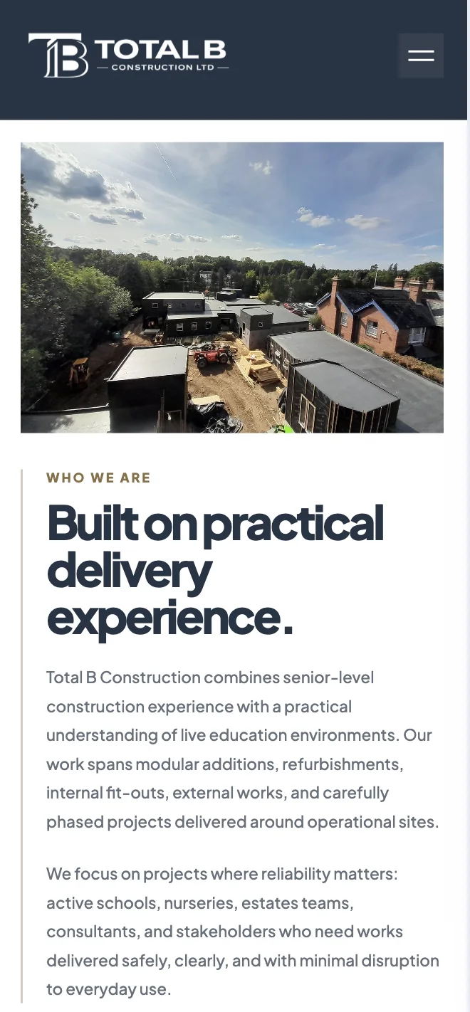 Total B Construction — Company introduction on mobile.