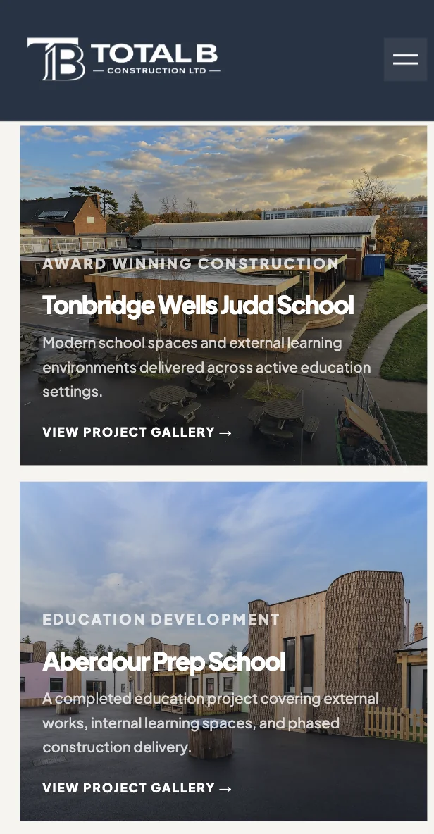 Total B Construction — Mobile portfolio navigation.