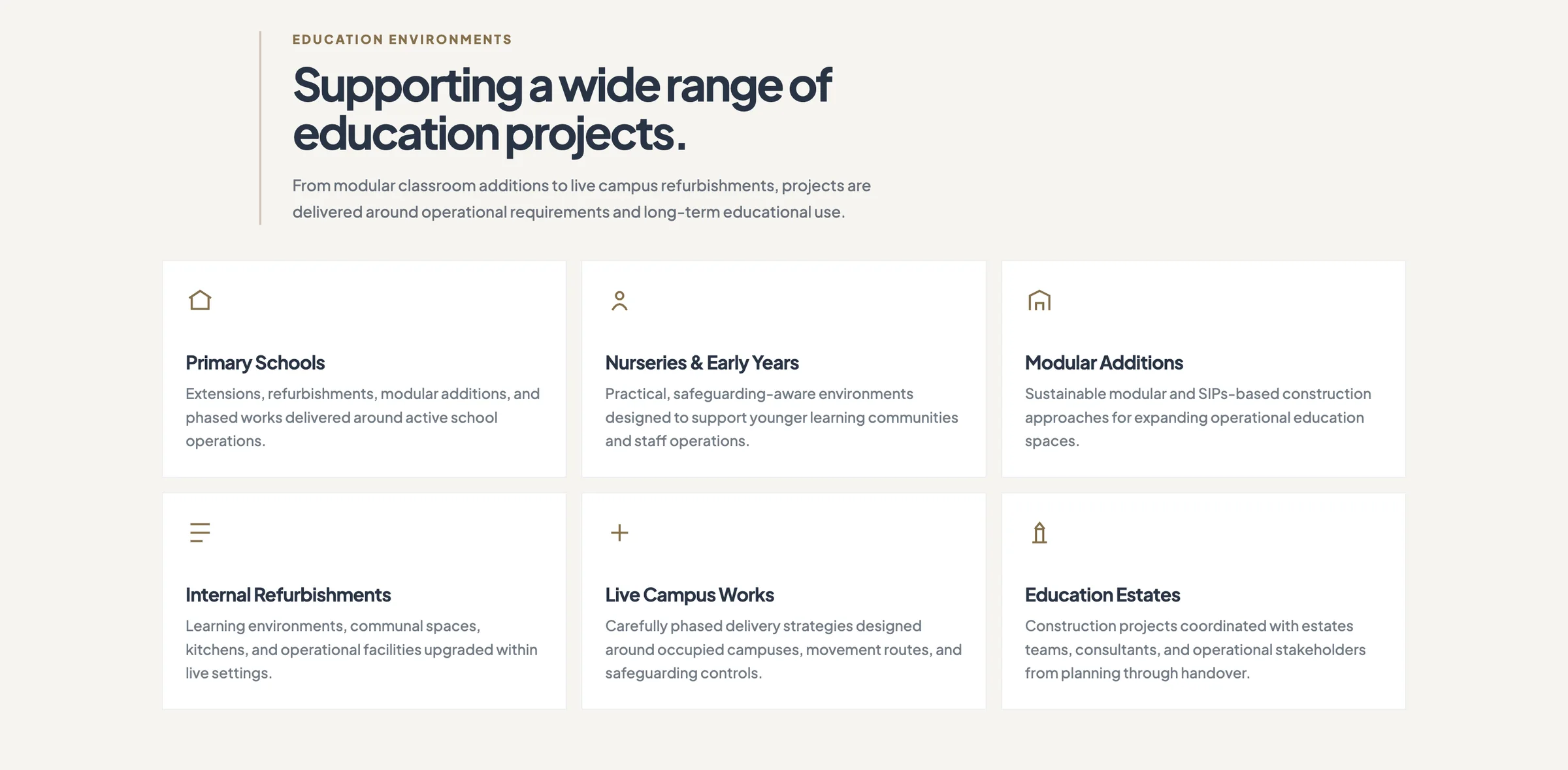 Total B Construction — Clear service cards organise the types of education environments served.